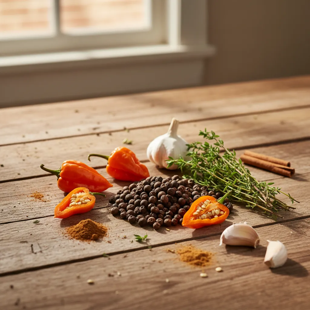 Caribbean spices including allspice berries thyme and scotch bonnet peppers