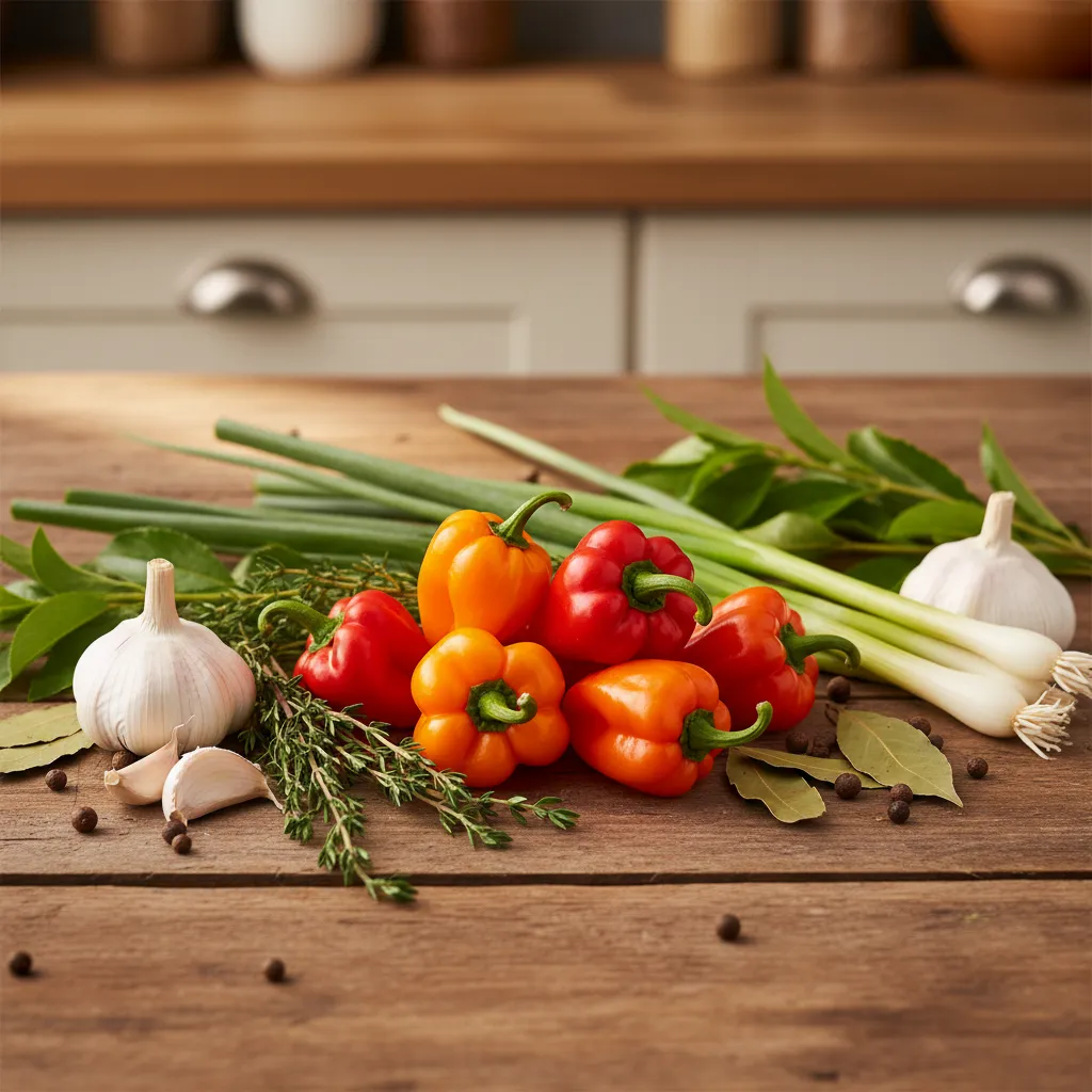Traditional Caribbean spices including allspice thyme and Scotch bonnet peppers on a rustic kitchen table