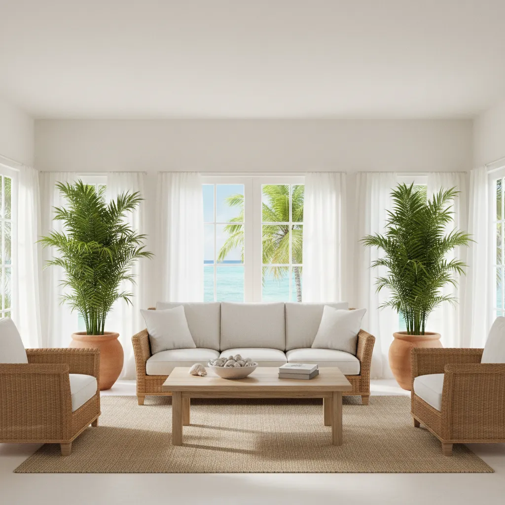 Bright Caribbean tropical living room with rattan furniture and palm plants