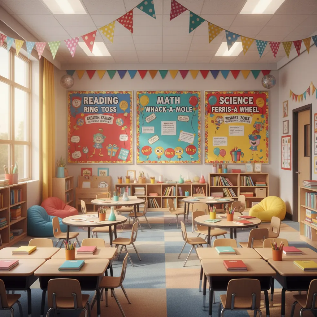 Elementary classroom decorated with carnival themed game booth and ticket decorations