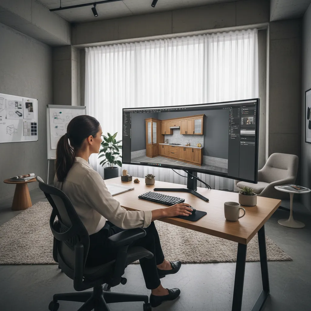 Designer creating 3D cabinetry model using carpentry software for home design