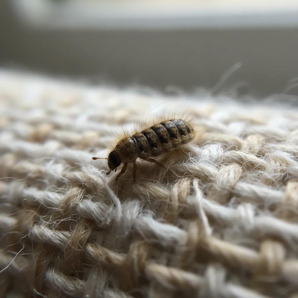 hairy carpet beetle larva crawling on wool fabric