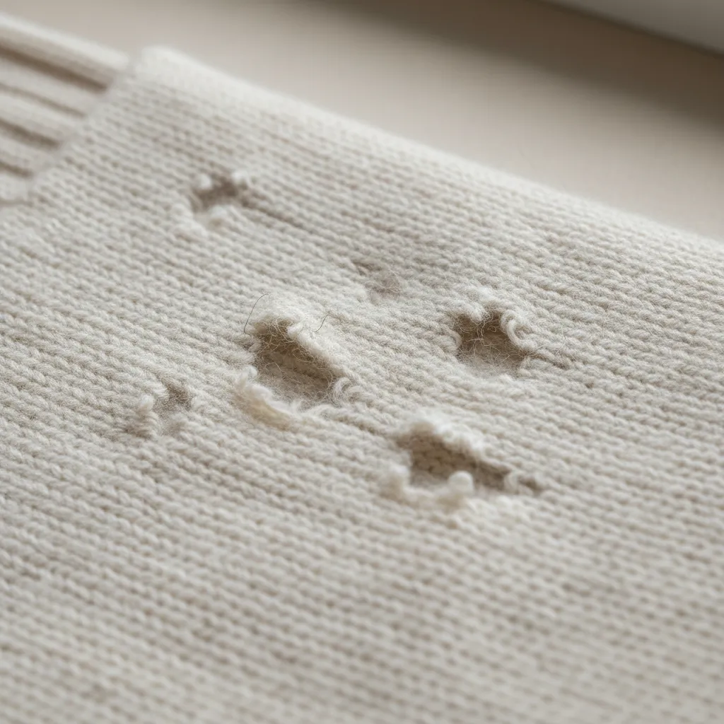 close view of wool sweater with small holes caused by carpet beetle larvae