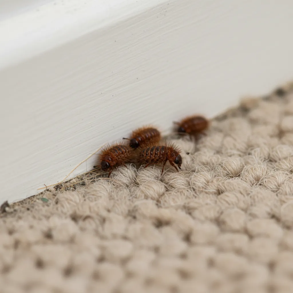 Carpet beetle larvae near carpet edge in a home interior