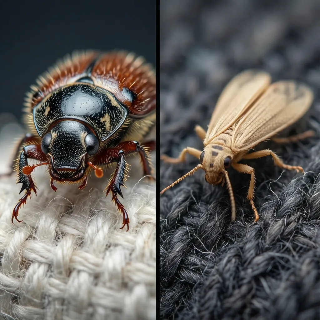 side by side comparison of carpet beetle larvae and clothes moth on fabric