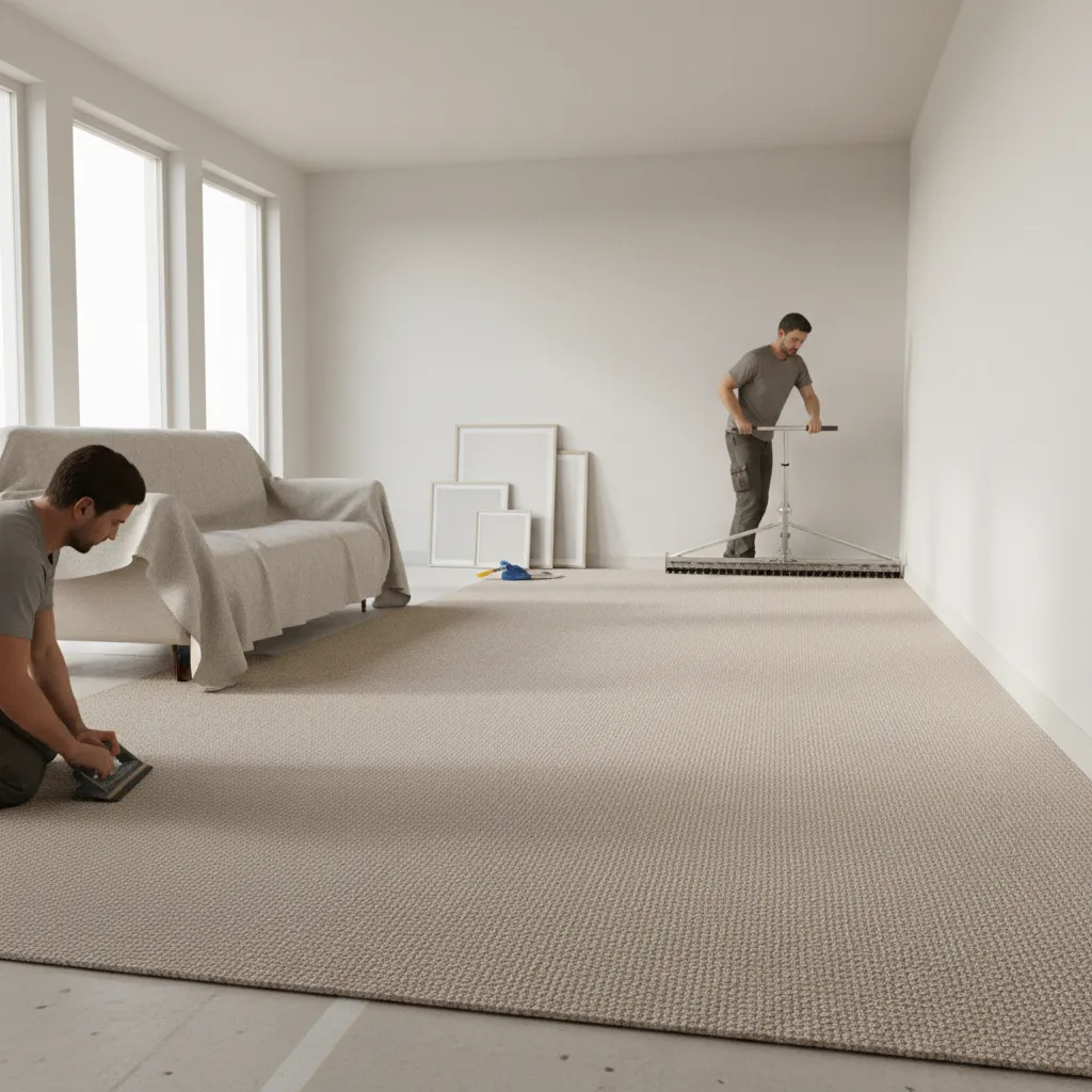 Carpet being installed across a residential living room floor with stretching tools
