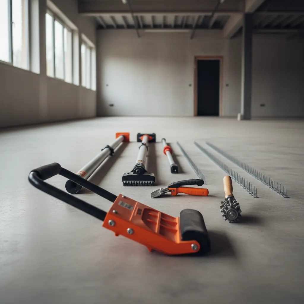 professional carpet installation tools including knee kicker and power stretcher on floor