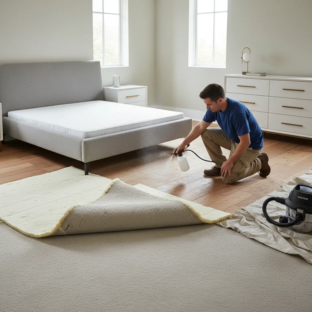 Carpet lifted exposing subfloor for professional urine odor treatment