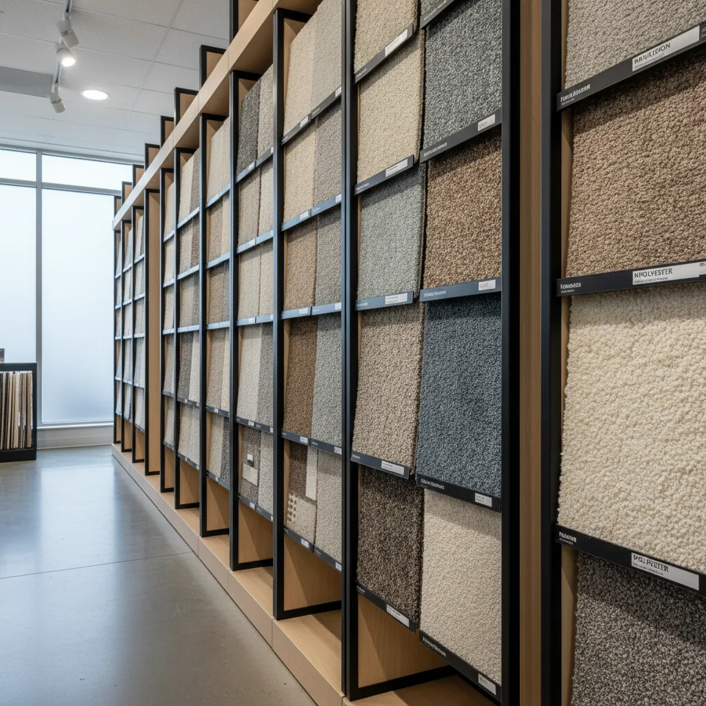 Carpet material samples in a flooring showroom demonstrating different fibers and textures