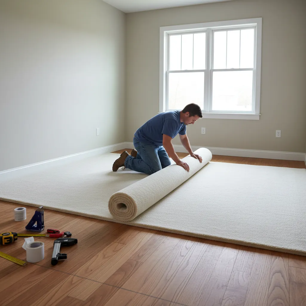 installer laying carpet padding layer on wooden subfloor before carpet placement
