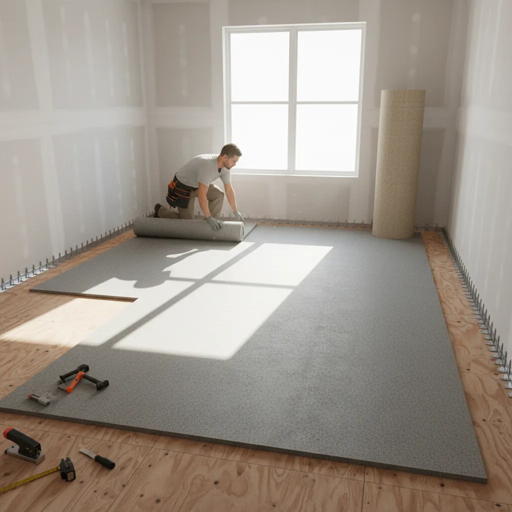 Contractor installing carpet padding on second floor subfloor with tack strips