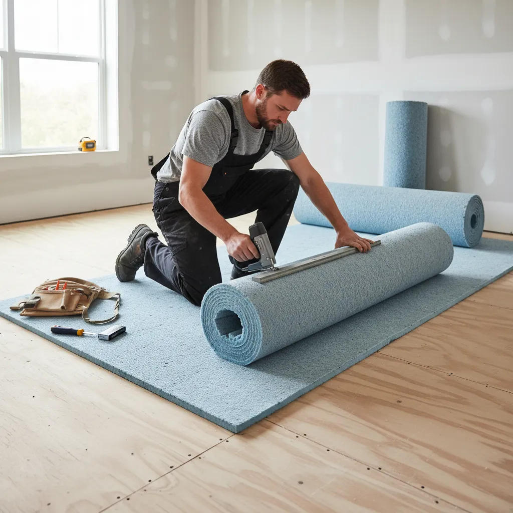 Installation of high density carpet padding on a second floor subfloor