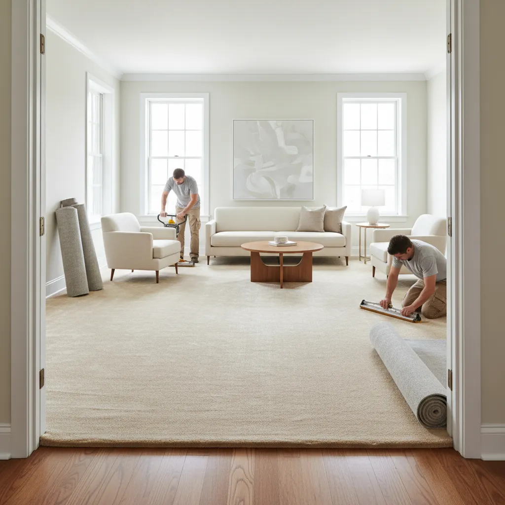 Installing carpet padding layer before laying carpet in a living room