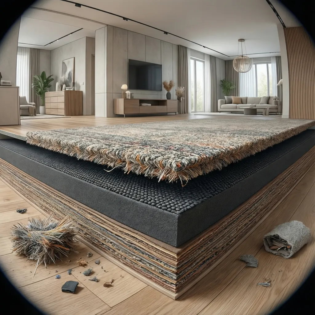 diagram style visualization of carpet layers including carpet fiber and padding underlay