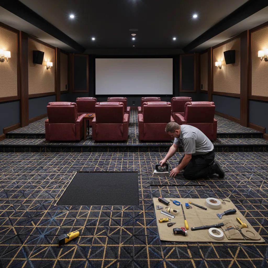 Carpet patch repair being done on home theater flooring