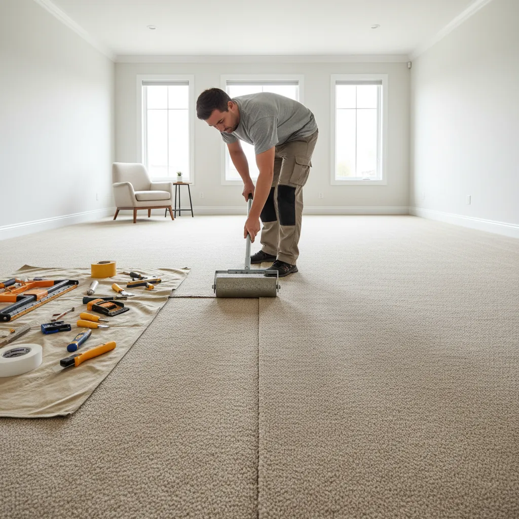 Installer aligning carpet seams on a large residential room floor