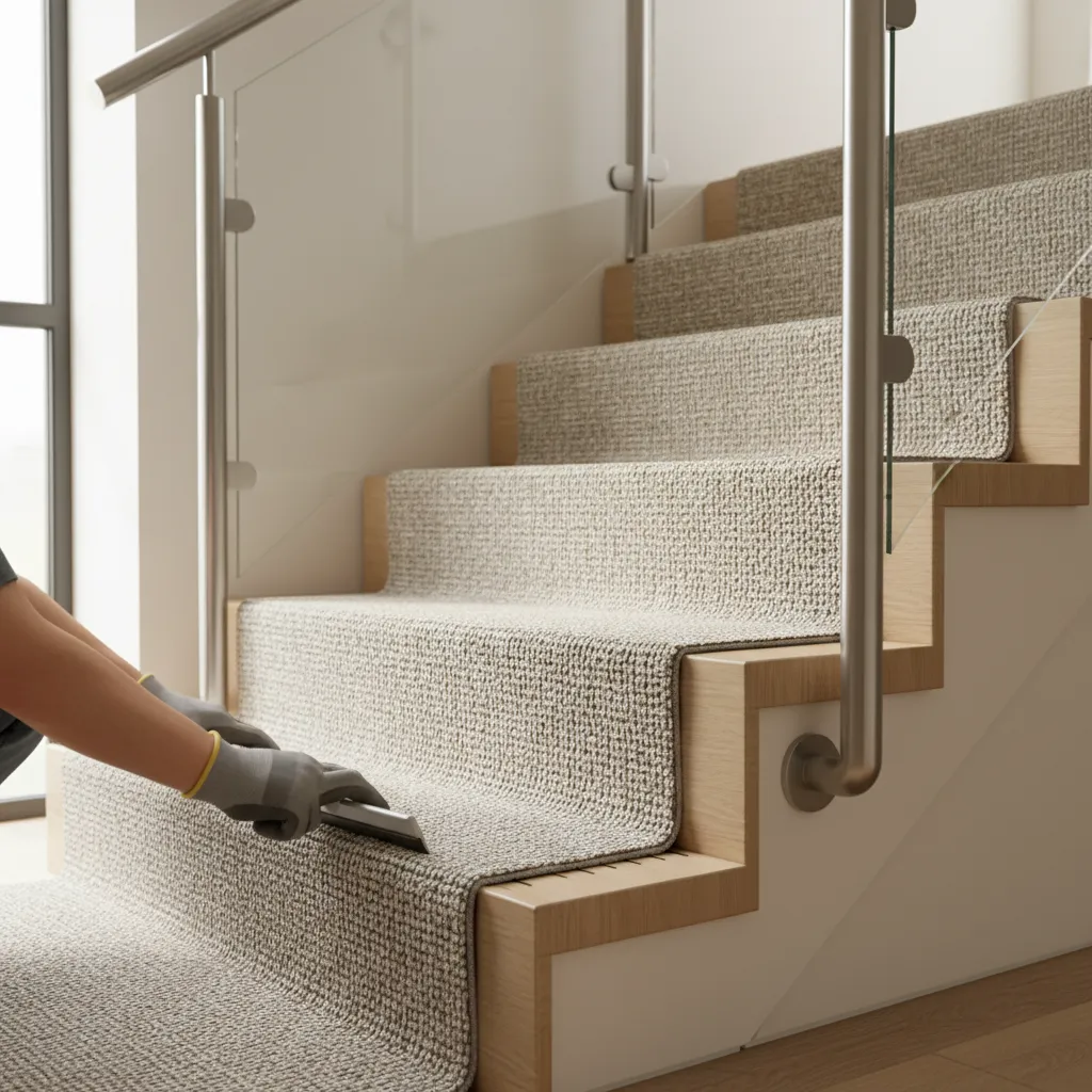Carpet installer wrapping carpet neatly around staircase steps