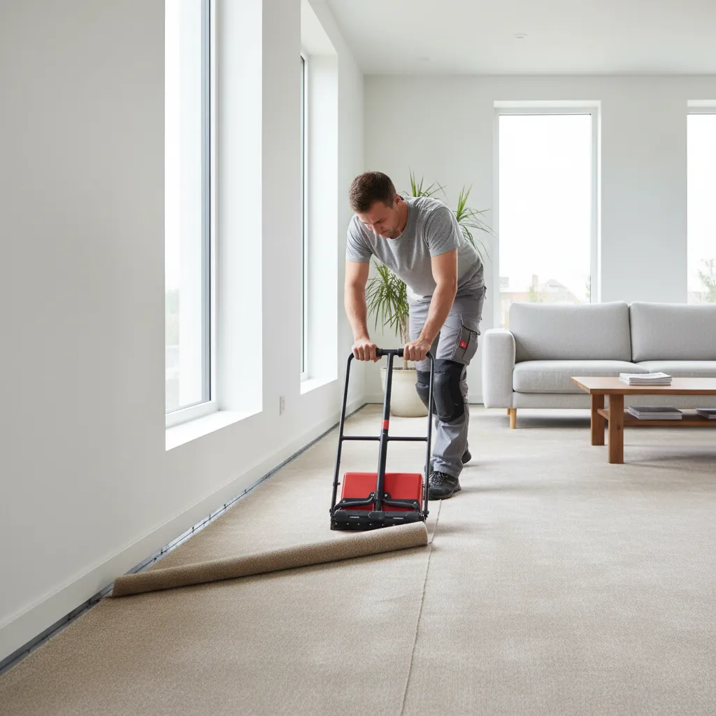 installer stretching carpet using knee kicker tool along living room wall
