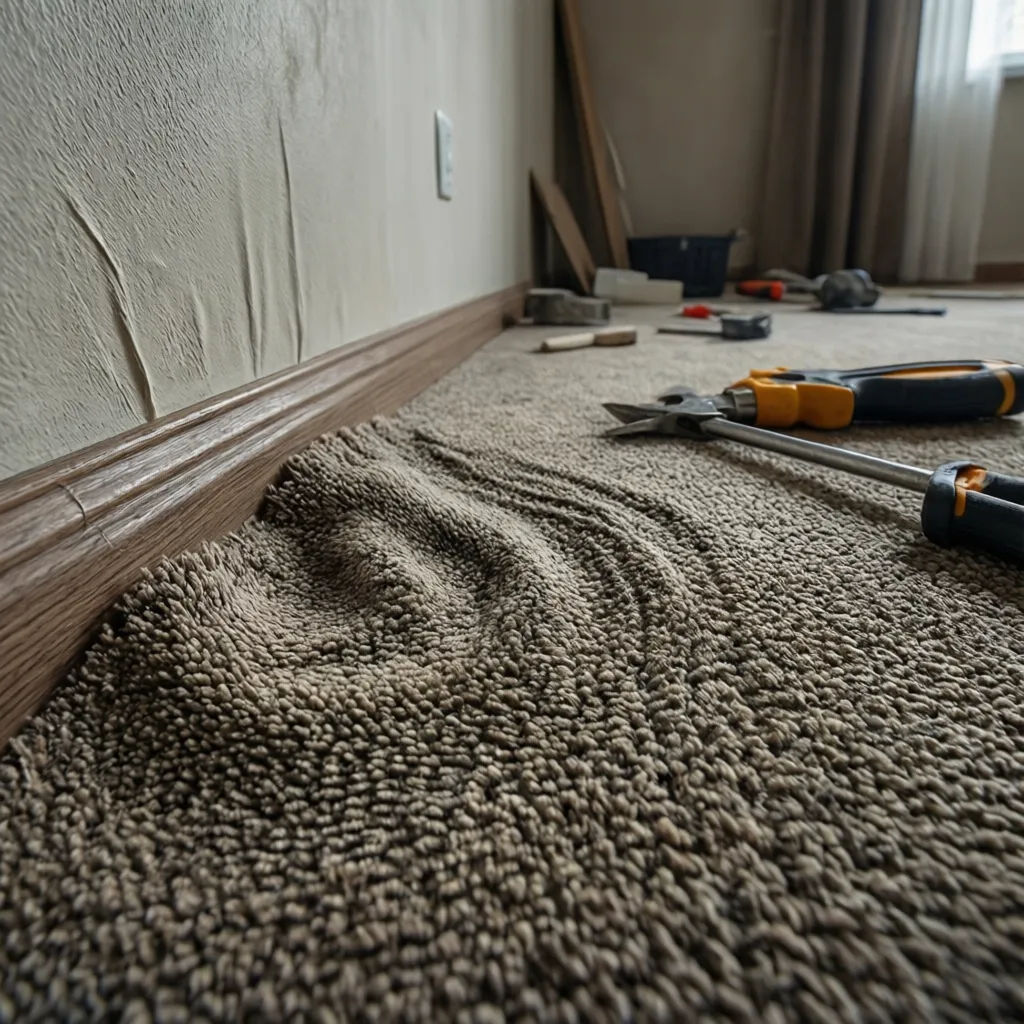 carpet floor with visible wrinkles caused by loose installation