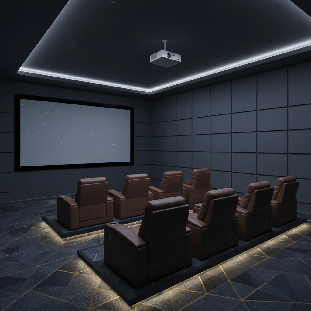 dedicated home theater room with patterned carpet and reclining seats