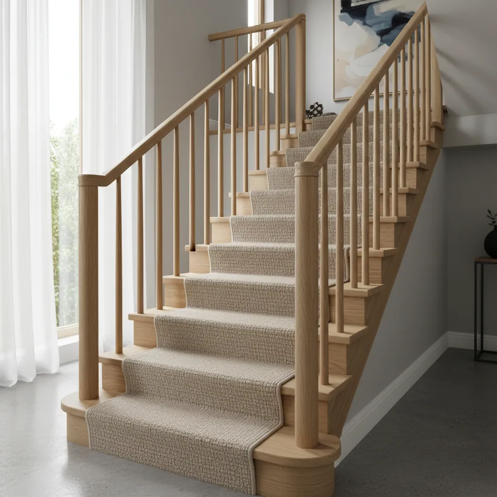 Carpet installed on residential staircase connecting two floors