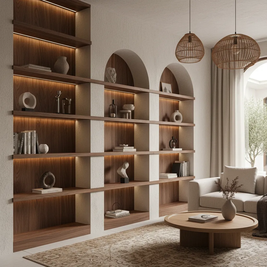 Modern living room featuring large wooden wall cabinet with shelves white sofa and round coffee table