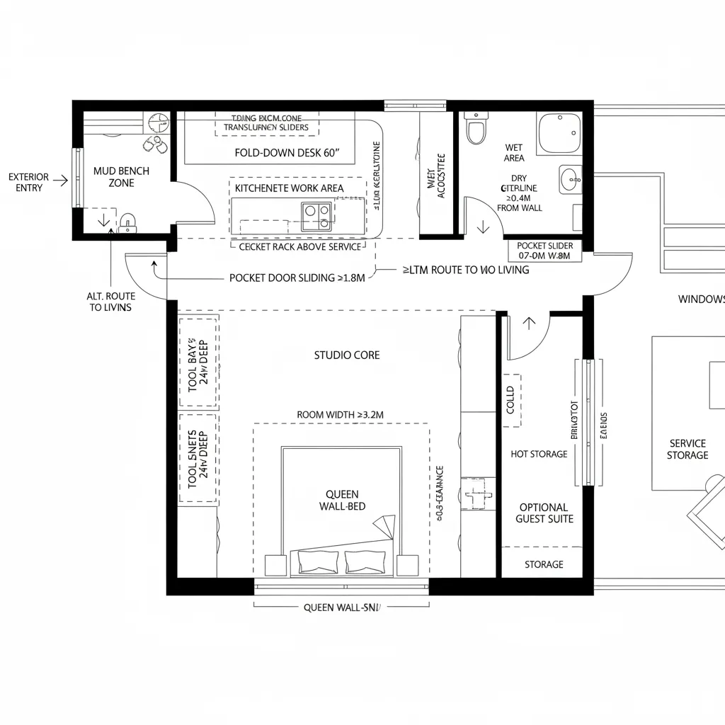 Interior design drawing of a studio room with a wall bed kitchen area and desk