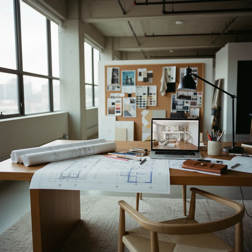Work desk with laptop showing interior design drawing beside paper floor plans lamp and pens