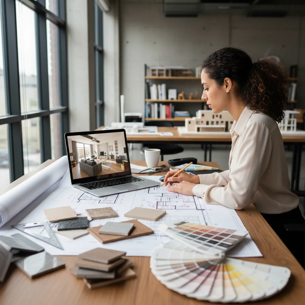 Female designer working on floor plan layout with laptop showing living room interior design drawing