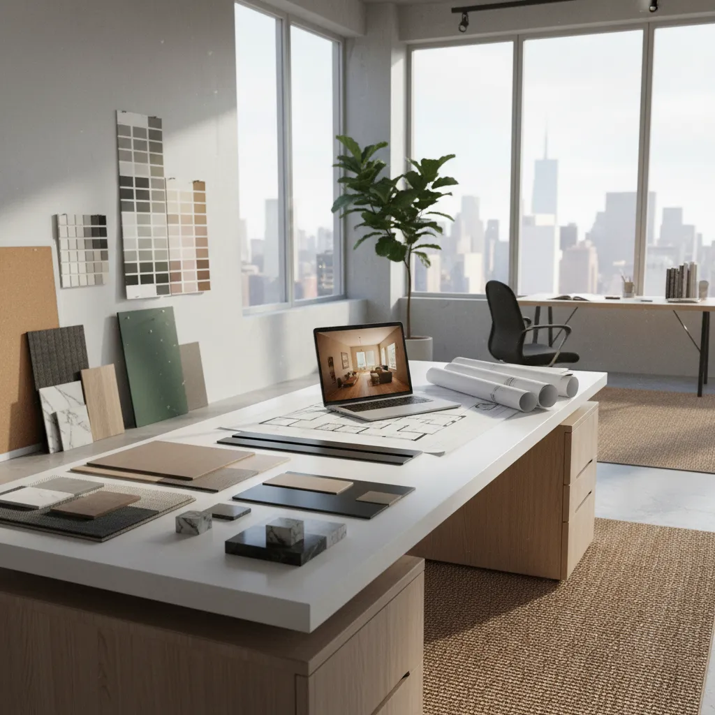 Modern office desk with laptop, paper rolls, material samples, city view windows, and green plant
