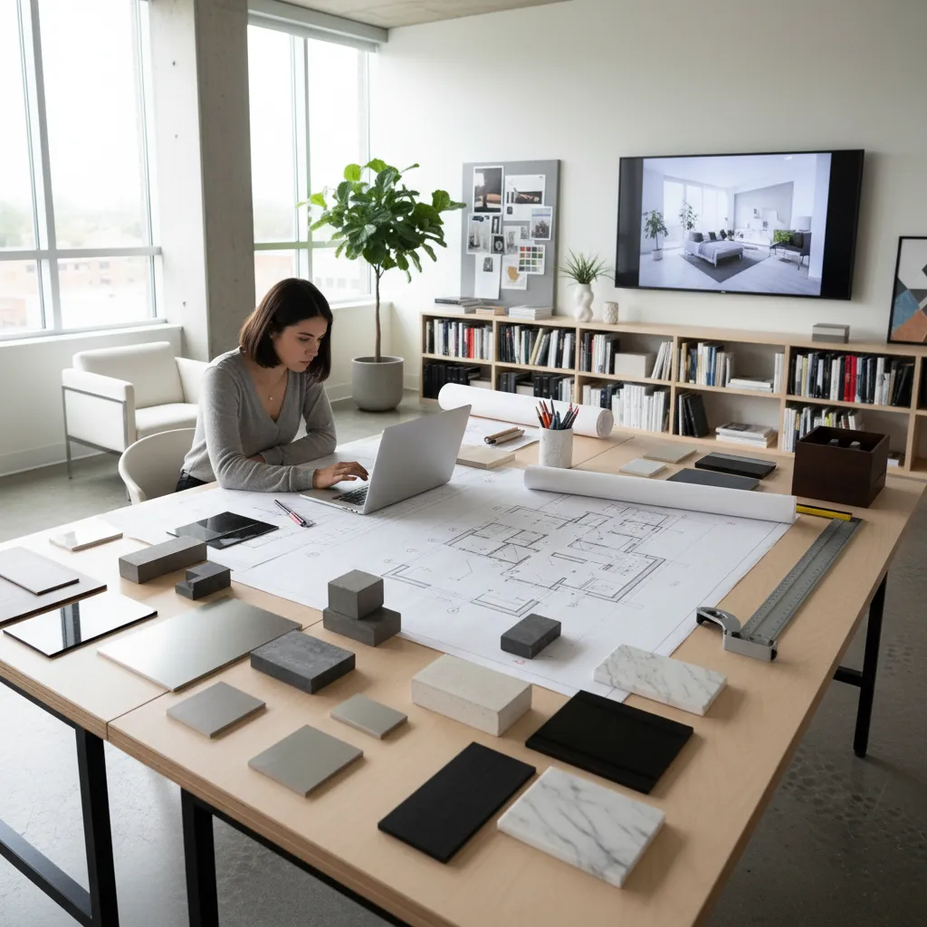 Professional woman working on floor plan at desk with laptop and many stone material samples
