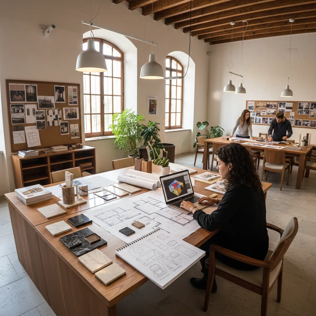 Interior designer working at a wooden desk with a laptop material samples and floor plans