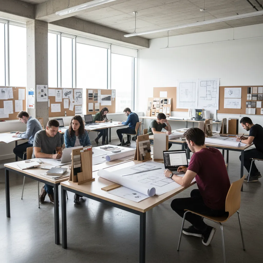 Interior design students working at large wooden tables with laptops and paper drawings in office