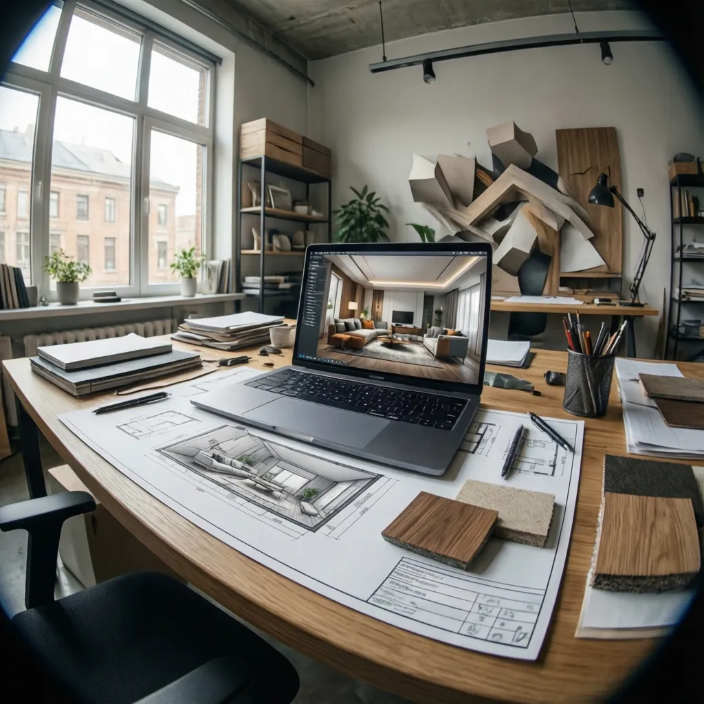 Laptop showing interior design drawing on floor plan with wood material samples in bright office