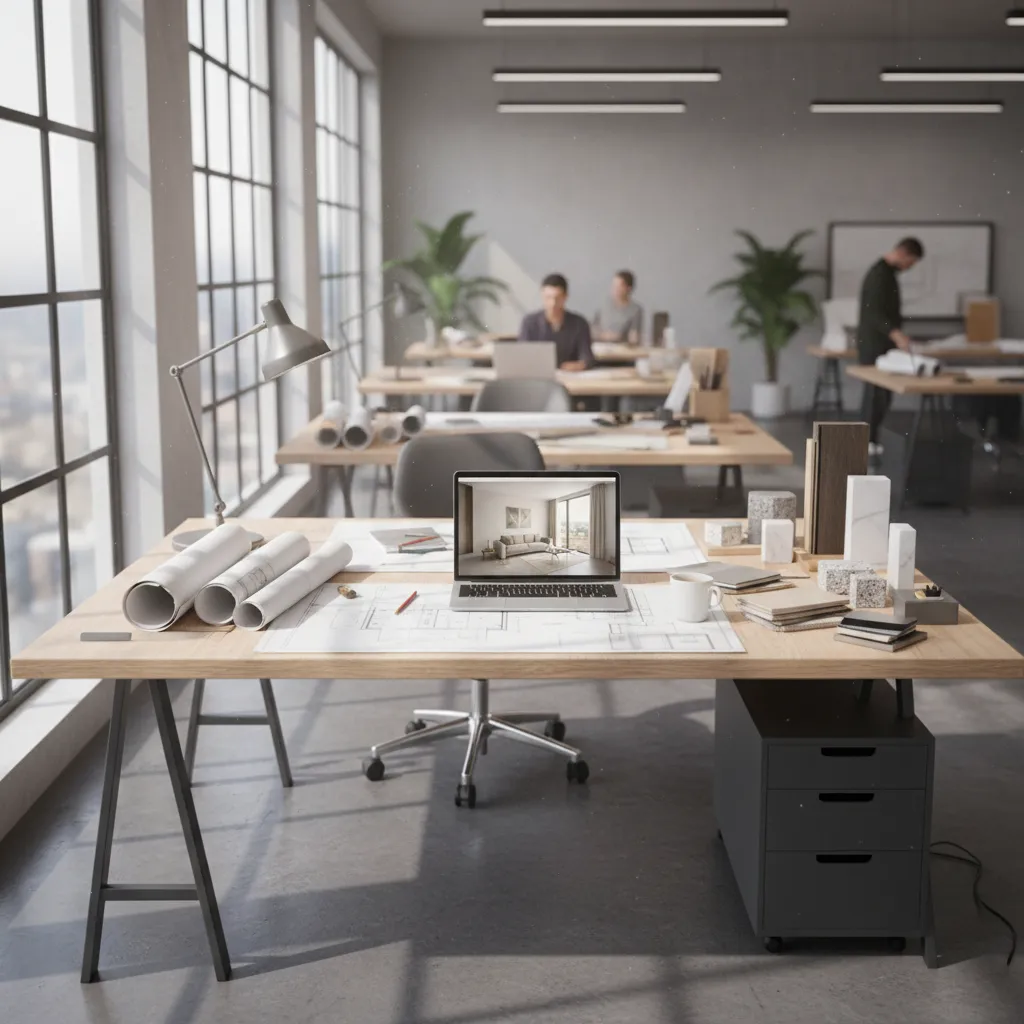 Modern office desk with laptop showing room design, paper rolls, and various building material samples