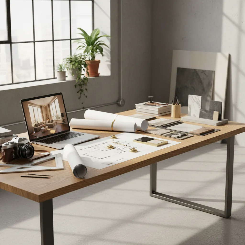Wooden desk holding laptop with interior design drawing and paper room layout with rolled drawings