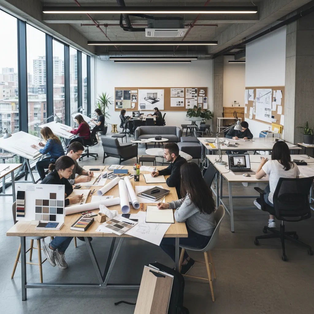 Students working in a bright interior design studio with large windows and interior design drawings