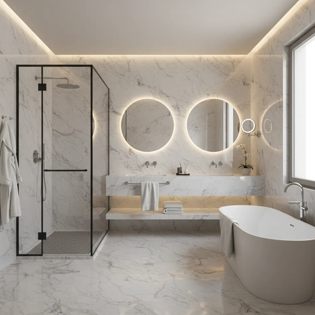 Boutique hotel bathroom with Carrera marble walls and modern fixtures
