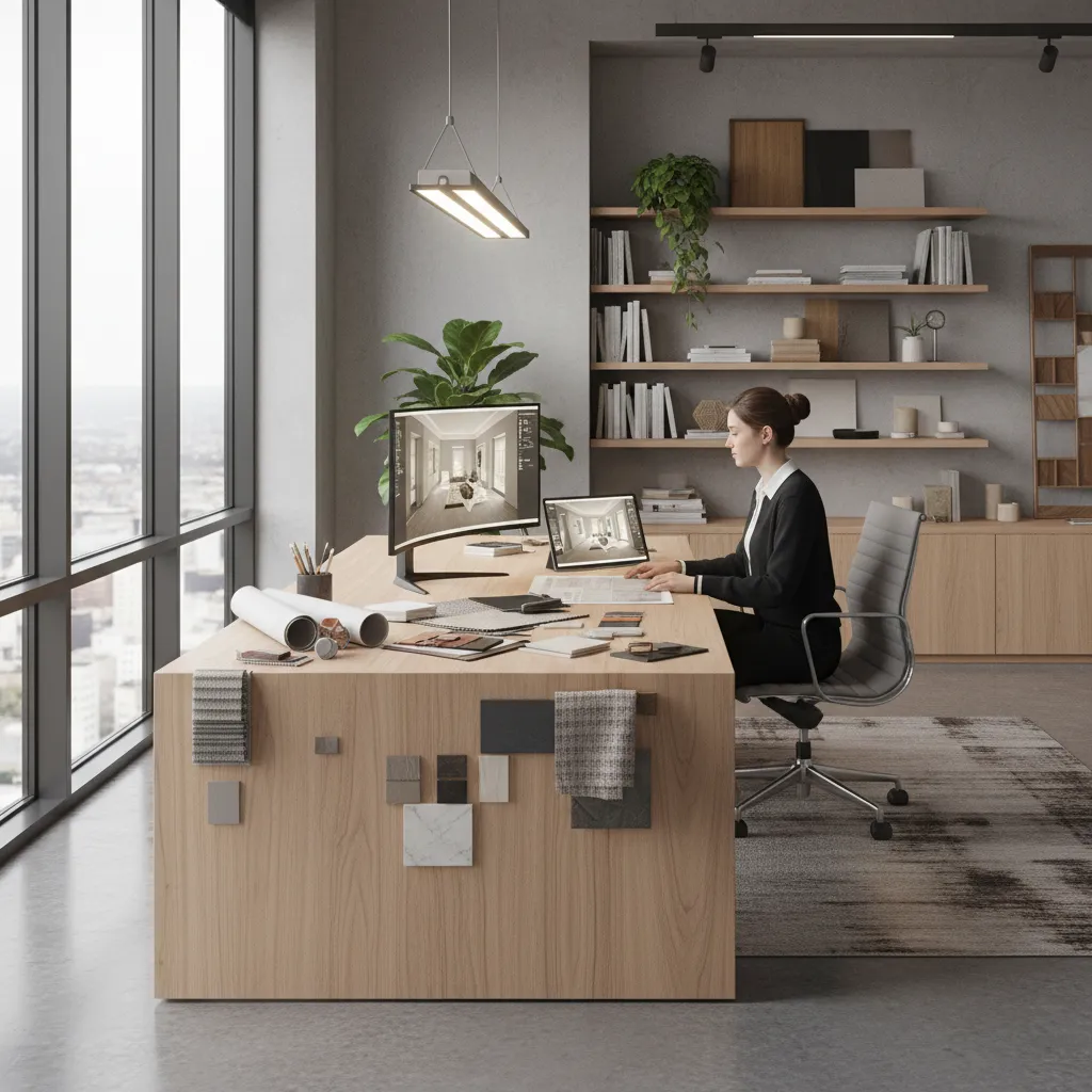 Interior designer at a desk with Coohom software and various fabric samples for room planning