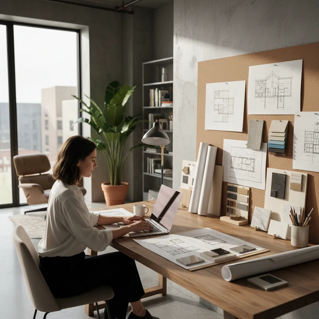 Female designer working on laptop at desk with floor plans and various material color samples