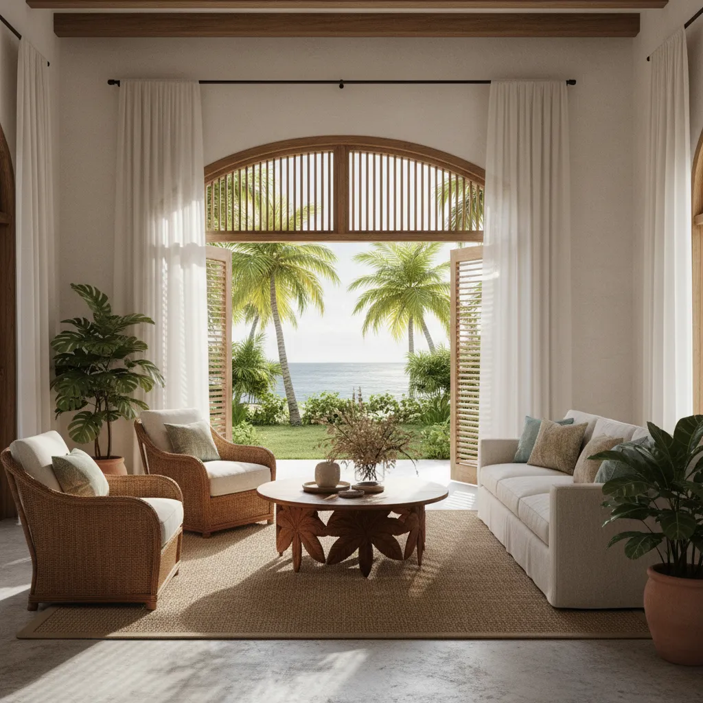 Sala caribeña con fibras naturales y ventilación cruzada