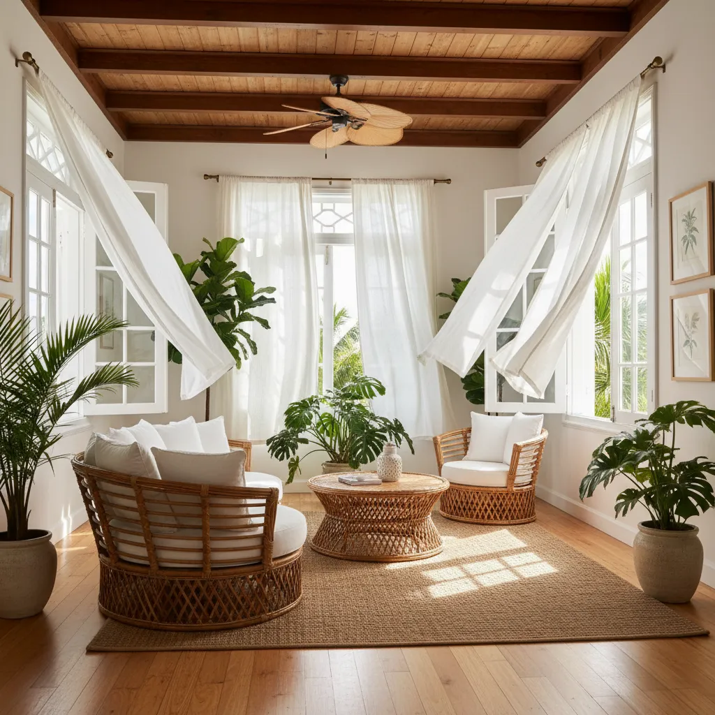 Sala tropical con ventilación natural y materiales naturales