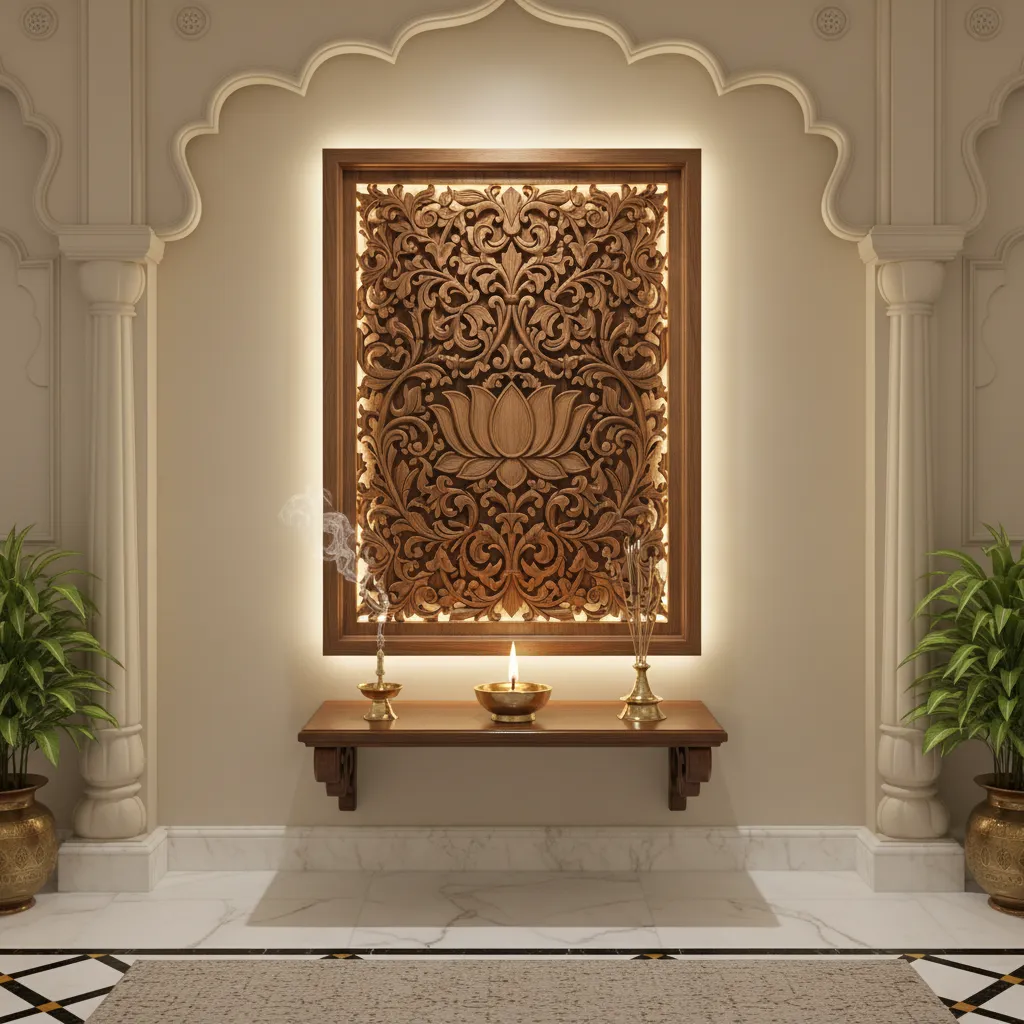 wall mandir with carved wooden panel and warm backlighting
