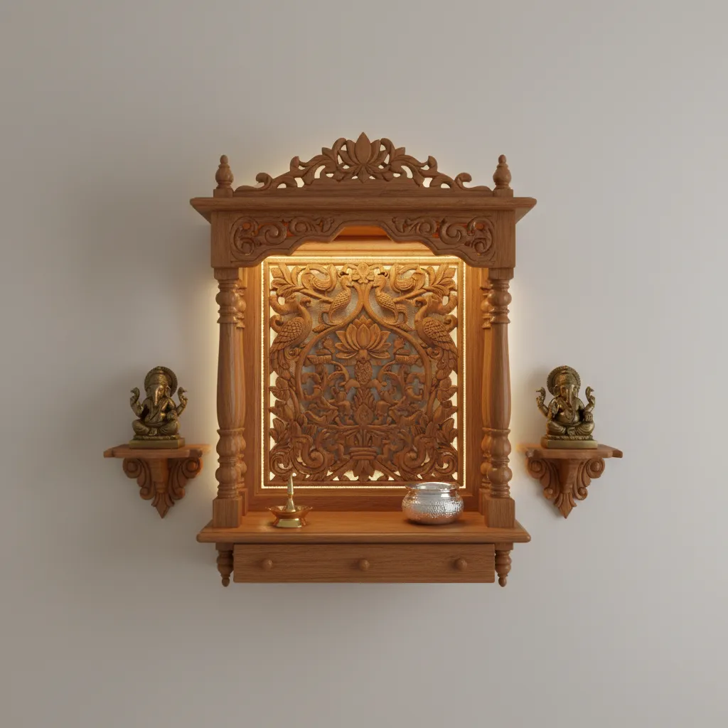 wooden carved back panel wall mounted pooja mandir with lighting