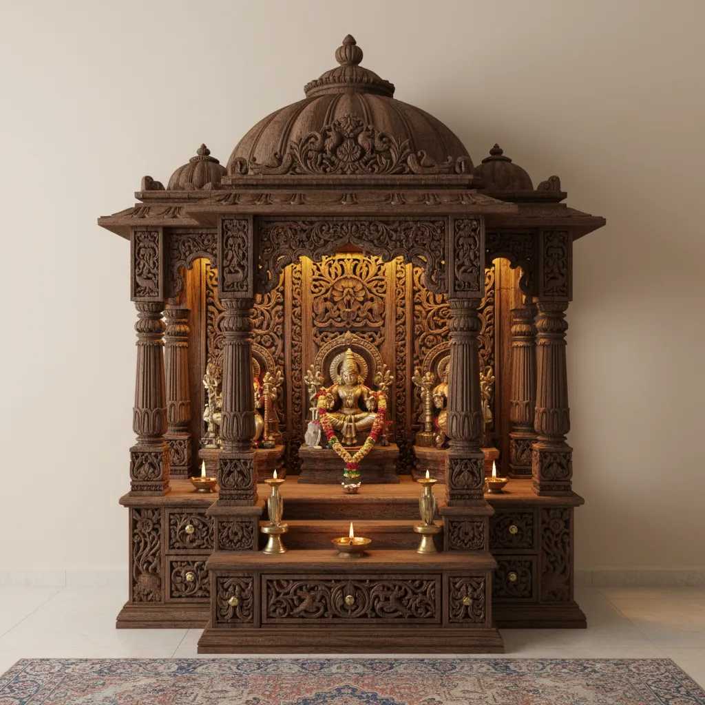 Traditional carved wooden pooja mandir with temple style pillars