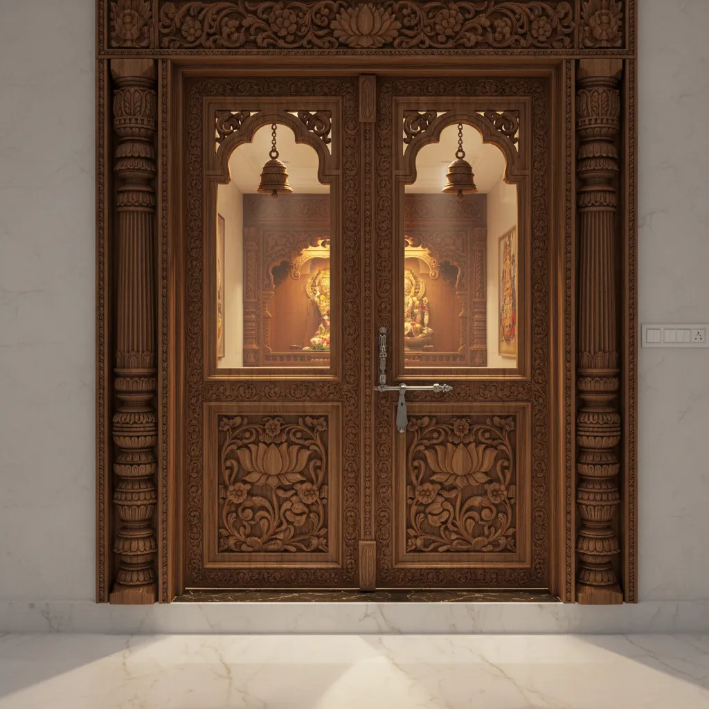 Carved teakwood pooja room door with lotus and bell motifs