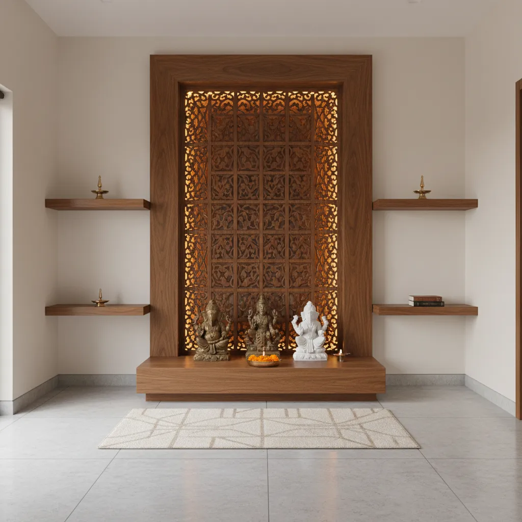 wooden pooja room with laser carved panel and glowing backlight