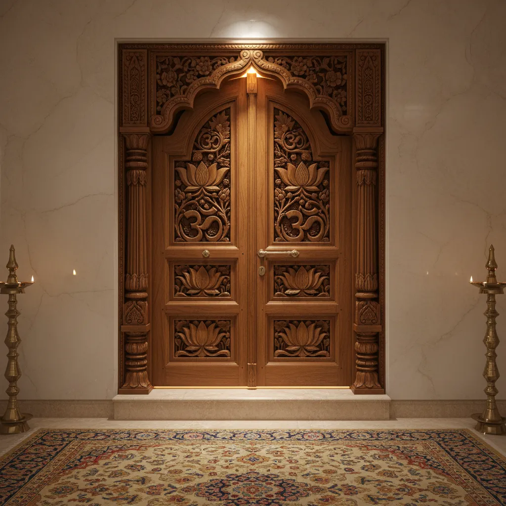 Traditional carved wooden pooja room double doors with lotus patterns