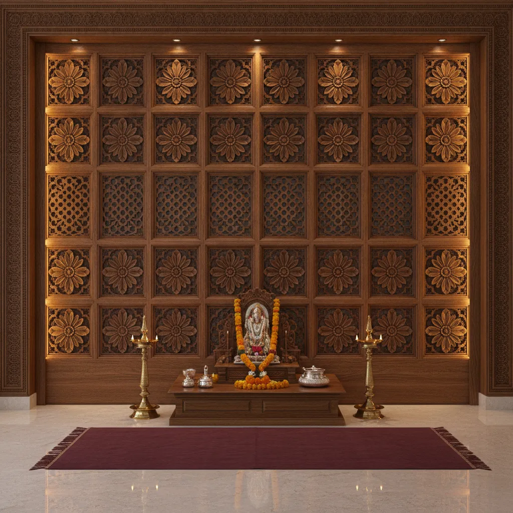 intricate carved wooden panel behind mandir