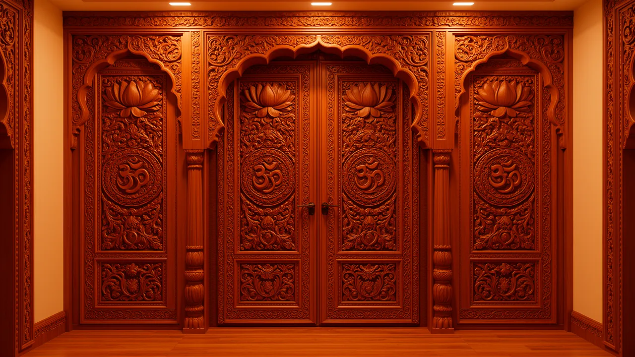 Traditional carved wooden pooja room double door with lotus motifs